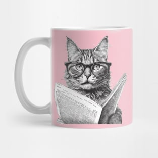 Cat with glasses reading paper. Mug